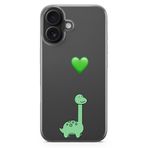 Manitoba iPhone 16 Plus Uyumlu Baskılı Yumuşak Silikon Şeffaf Telefon Kılıfı, Dinozor ve Kalp Deseni