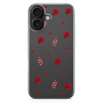 Manitoba iPhone 16 Uyumlu Baskılı Yumuşak Silikon Şeffaf Telefon Kılıfı, Uğur Böceği ve Kalp Deseni