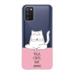 Manitoba Samsung Galaxy A02S ile Uyumlu Baskılı Yumuşak Silikon Şeffaf Telefon Kılıfı, Yoga Coffee Nap Desen