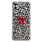 Manitoba Samsung Galaxy A04 ile Uyumlu Baskılı Yumuşak Silikon Şeffaf Telefon Kılıfı, Leopar Desen, Kırmızı Fiyonk