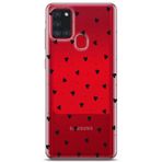 Manitoba Samsung Galaxy A21S ile Uyumlu Baskılı Yumuşak Silikon Şeffaf Telefon Kılıfı, Siyah Kalp Desen