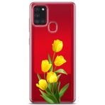 Manitoba Samsung Galaxy A21S Uyumlu Baskılı Yumuşak Silikon Telefon Kılıfı, Sarı Çiçek Desen, Kırmızı