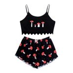 MaNMaNing B0C6M4L5Z6 Kırmızı Siyah Renk Açık Omuz Mantar Desenli Pamuklu Kadın Pijama Takımı