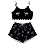 MaNMaNing B0C6M4L5Z6 Siyah Renk Açık Omuz Mantar Desenli Pamuklu Kadın Pijama Takımı