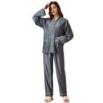 MaNMaNing B0C6M5QKLB Gri Renk Pamuk Kumaş Uzun Kollu Saten Kadın Pijama Takımı