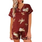 MaNMaNing B0C6M5QKLB Kırmızı Renk Çiçek Desenli Saten Kumaş Kısa Kadın Pijama Takımı