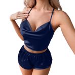 MaNMaNing B0C6M5QKLB Lacivert Renk Açık Omuzlu Saten Kumaş Kadın Pijama Takımı