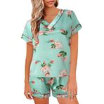 MaNMaNing B0C6M5QKLB Turkuaz Renk Çiçek Desenli Saten Kumaş Kısa Kadın Pijama Takımı