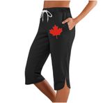 MaNMaNing Bayan 7/8 keten pantolon, baskılı cepli, rahat, hafif, doğal elyaf, yazlık pantolon, günlük kullanım ve boş zaman için, lastikli ve düğmeli,, Siyah, XXL