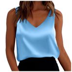 MaNMaNing Bayan saten atlet V yaka kolsuz bol oturan Camisole Basic üst kadın, Gök mavisi, S
