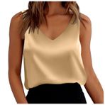 MaNMaNing Bayan saten atlet V yaka kolsuz bol oturan Camisole Basic üst kadın, Haki., S