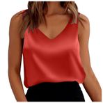 MaNMaNing Bayan saten atlet V yaka kolsuz bol oturan Camisole Basic üst kadın, Kırmızı, L