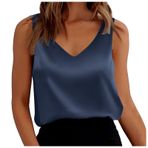 MaNMaNing Bayan saten atlet V yaka kolsuz bol oturan Camisole Basic üst kadın, Lacivert, XXL
