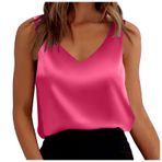 MaNMaNing Bayan saten atlet V yaka kolsuz bol oturan Camisole Basic üst kadın, sıcak gül rengi, XL