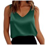 MaNMaNing Bayan saten atlet V yaka kolsuz bol oturan Camisole Basic üst kadın, Yeşil., XL