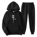 MaNMaNing Erkek sonbahar seti, kapüşonlu kazak, çiçek desenli ve püsküllü pantolon, gündelik, sportif, üniseks, erkek spor seti, Siyah, S