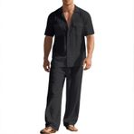 MaNMaNing Erkek yazlık keten set gömlek ve uzun pantolon, nefes alır, rahat, rahat, hafif, günlük kullanım için ideal, plaj, tatil, erkek pantolon seti, Siyah, L