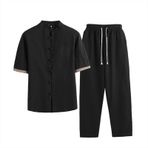 MaNMaNing Erkek yazlık set keten görünümlü gömlek rulo kollu ve pantolon nefes alır, rahat, rahat, erkek takım elbise seti, Siyah, 3XL