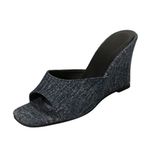 MaNMaNing Flip Flop Denim Kare Ayak Açık Burun Topuk Kalın Rahat Koyu Mavi Kadın Terlik