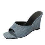 MaNMaNing Flip Flop Denim Kare Ayak Açık Burun Topuk Kalın Rahat Mavi (Light Blue) Kadın Terlik