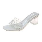 MaNMaNing Flip Flop Yaz Desen Moda Yapay Elmas İnci Şeffaf Kare Topuk Rahat Bej Kadın Sandalet