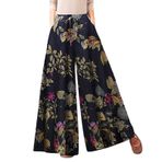 MaNMaNing Geniş bacak pantolon kadınlar için rahat bol çiçek baskılı kemer elastik bel pantolon cep uzun pantolon hamile kırpılmış yürüyüş culottes Boho çan alt egzersiz pantolon, mavi, XXL