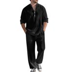 MaNMaNing Henley erkek sonbahar seti, keten görünümlü, V yaka, uzun kollu gömlek ve pantolon, rahat, nefes alır, ilkbahar, sonbahar, kış için ideal, erkek boş zaman seti, Siyah, M