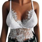 MaNMaNing Hollow Out Back Strappy Bralette Beyaz Derin V Taraklı Askılı Yapışkanlı Çiçekli Dantel Günlük Kadın Sütyen