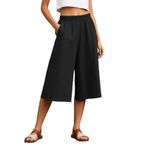 MaNMaNing Kadın 7/8 keten pantolon, geniş kesim, rahat pantolon, yaz için hafif pantolon, Siyah, L