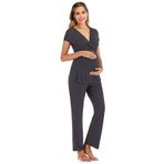 MaNMaNing Kadın annelik hemşirelik pijama seti emzirme kısa kollu Crewneck üstleri sevimli baskılı uzun pantolon bayanlar yumuşak esnek gebelik kıyafeti, koyu gri, M