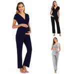 MaNMaNing Kadın annelik hemşirelik pijama seti emzirme kısa kollu Crewneck üstleri sevimli baskılı uzun pantolon bayanlar yumuşak esnek gebelik kıyafeti, mavi, XXL