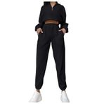 MaNMaNing Kadın Düz Renk Polar Sweatshirt ve Pantolon Günlük Takım Elbise İki Parçalı Takım (Siyah, S)