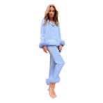 MaNMaNing Kadın Gecelik Tüy İki Uzun Kollu Düz Düğmeli Kaşkorse Üst Pantolon 2 Parça Kışlık Pijama Bayan Rahat Büyük Beden Kısa Pijama Takımı, mavi, M