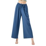 MaNMaNing Kadın geniş bacak pantolon rahat bol pamuk mavi tayt eşofman altı Jogger pantolon Boho kırpılmış parça iş kıyafeti hamile büyük boy salon culottes analık kırpılmış salon pantolon, mavi, L