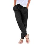 MaNMaNing Kadın günlük pantolon, yazlık, tek renkli, cepli, elastik bel, rahat pantolon, keten, etiketsiz, Siyah, S