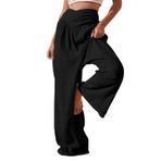 MaNMaNing Kadın keten pantolon, lastik belli geniş kesim, rahat pantolon, günlük kullanım için, hafif yazlık pantolon, Siyah, S