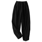 MaNMaNing Kadın keten pantolon, lastik belli rahat geniş pantolon, yaz için hafif pantolon,, Siyah, XL
