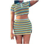 MaNMaNing Kadın Kısa Kollu Dar Kesim Kısa Kollu Yaka Günlük Moda Çizgili Renkli Eşleştirme Seksi Kısa Dar Kesim Elbise (Çok Renkli, L)