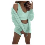 MaNMaNing Kadın Kısa Pijama Kış Sıcak Üç Parça Yumuşak Sıcak Flanel Şort Sevimli Kedi Sakal Kapüşonlu Takım Gecelik Bayan Seksi Saten Ekose Pijama Takımı, yeşil, XL