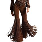 MaNMaNing Kadın pantolonu, püsküllü, batı stilinde, rahat, bohem pantolon, hafif yazlık pantolon, Western, Kahverengi, S