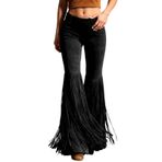MaNMaNing Kadın pantolonu, püsküllü, batı stilinde, rahat, Boho pantolon, hafif yazlık pantolon, Siyah, XXL