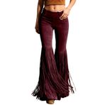 MaNMaNing Kadın Pantolonu Yazlık Geniş Kesim Yüksek Belli Püsküllü Retro Western Tarzı Rahat Günlük Pantolon Süet Görünümlü Şık Pantolon, Kırmızı, S