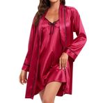 MaNMaNing Kadın seksi ipek gecelik 2 parça yumuşak pürüzsüz saten gecelik uzun bornoz seti Slim Fit ince kayış V yaka Mini elbise sabahlık bayanlar iç çamaşırı pijama gecelik salon giyim, kırmızı, XXL