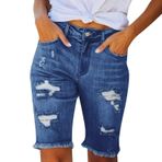 MaNMaNing Kadın suni elmas kot şort, orta bel yüksekliği, yırtılmış, püsküllü etek, streç, cepli, kısa pantolon, kadın, Mavi, M