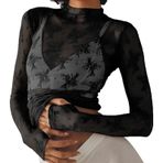 MaNMaNing Kadın Uzun Kollu File Top Mock Neck Çiçekli Dantel Şeffaf Bluz See Through Üst kısım Zarif, Siyah, L