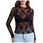 MaNMaNing Kadın uzun kollu file üst kısım Mock Neck çiçekli dantel şeffaf bluz See Through üst kısım zarif file bluz, Siyah, M