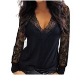 MaNMaNing Kadın Uzun Kollu Top V Yaka Dantel File Patchwork Seksi Bluz Rahat Üst, Siyah, XL