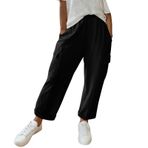 MaNMaNing Kadın yazlık pantolon, rahat, cepli, tek renkli, rahat, günlük kullanım için rahat, keten pantolon, Siyah, XXL