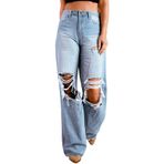 MaNMaNing Kadın Yırtık Düz Kot Yüksek Belli Esnek Dar Kesim Y2K Günlük Bayan Moda Uzun Kot Pantolon Cepli Pantolon, mavi (Light Blue), XL