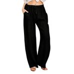 MaNMaNing Kadın yoga pantolonu, yazlık, tek renkli, büzme ipli, rahat, keten pantolon, yoga ve boş zaman için, Siyah, XL